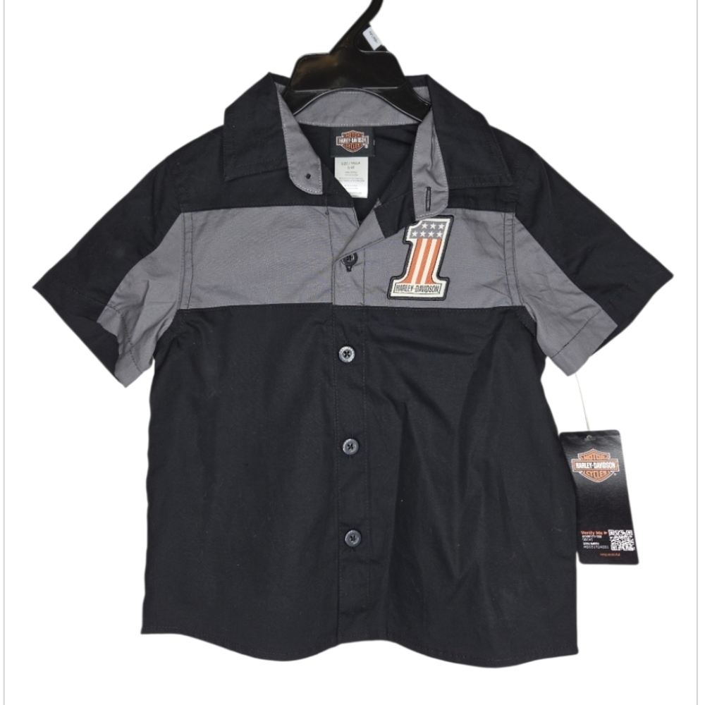 Harley-Davidson Toddler Boys Black Gray Button Front Work Shop Shirt Size 2/3T